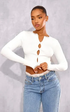 White Lace Trim Snatched Rib Button Up Long Sleeve Top
