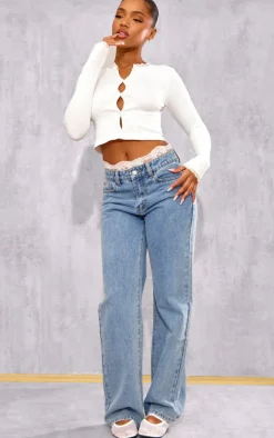 White Lace Trim Snatched Rib Button Up Long Sleeve Top