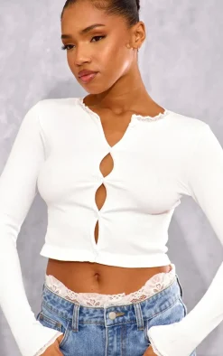 White Lace Trim Snatched Rib Button Up Long Sleeve Top