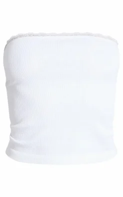 White Lace Trim Snatched Rib Bandeau Top