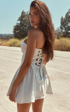 White Lace Up Corset Style Back Denim Puffball Dress