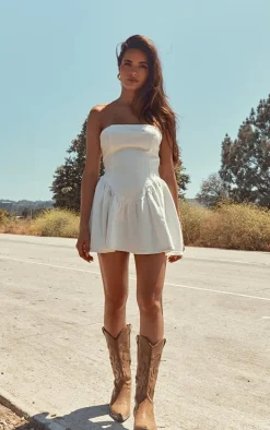 White Lace Up Corset Style Back Denim Puffball Dress