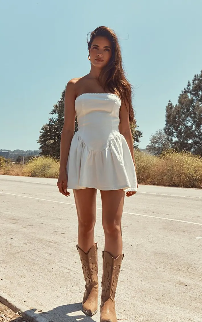 White Lace Up Corset Style Back Denim Puffball Dress