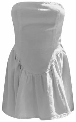 White Lace Up Corset Style Back Denim Puffball Dress