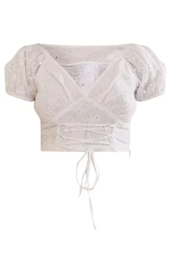 White Lace Up Front Broderie Crop Top
