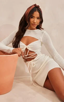 White Lace Up Tie Front Mini Knit Dress