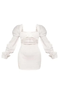 White Linen Blend Square Neck Puff Sleeve Mini Dress