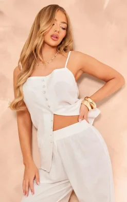 White Linen Look Button Pocket Detail Longline Top