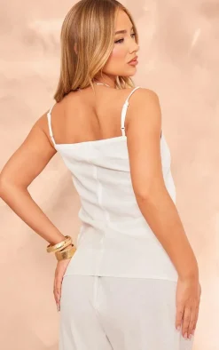 White Linen Look Button Pocket Detail Longline Top