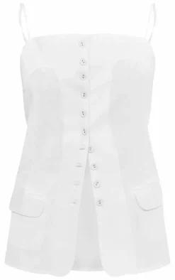 White Linen Look Button Pocket Detail Longline Top
