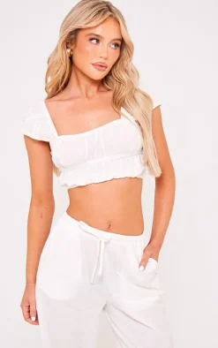 White Linen Look Cap Sleeve Ruched Crop Top