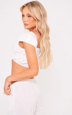White Linen Look Cap Sleeve Ruched Crop Top