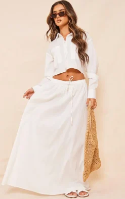 White Linen Look Drawstring Waist Maxi Skirt