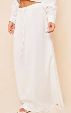 White Linen Look Drawstring Waist Maxi Skirt