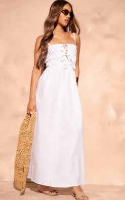 White Linen Look Elastic Gathered Maxi Dress