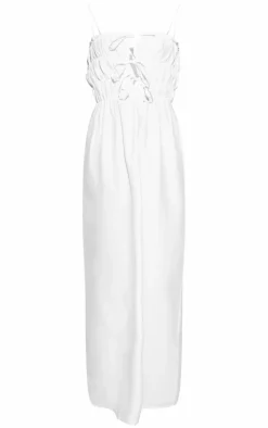 White Linen Look Elastic Gathered Maxi Dress