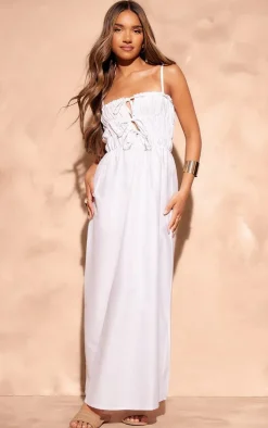 White Linen Look Elastic Gathered Maxi Dress