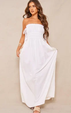 White Linen Look Elasticated Tie Bow Maxi Dress