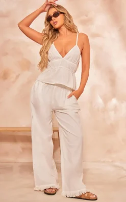 White Linen Look Frayed Hem Wide Leg Pants