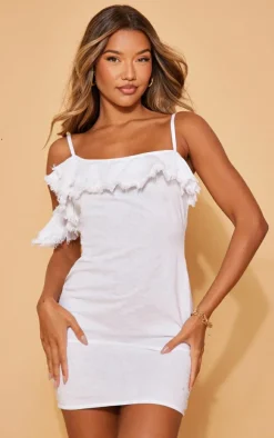 White Linen Look Frayed Trim Detail Strappy Bodycon Dress