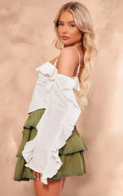 White Linen Look Hook & Eye Frill Sleeve Corset Top