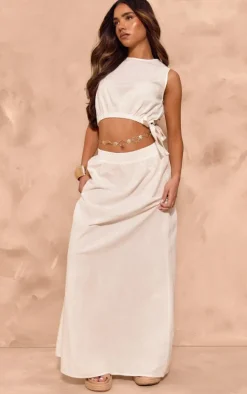 White Linen Look Low Rise Floaty Maxi Skirt