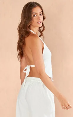 White Linen Look Open Back Halter Neck Top