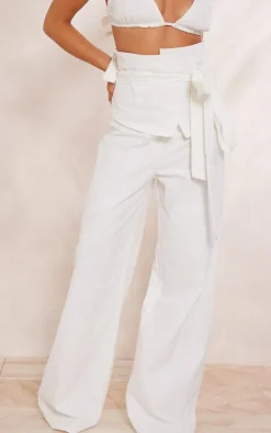 White Linen Look Oversized Belted High Waisted Wide Leg Pants