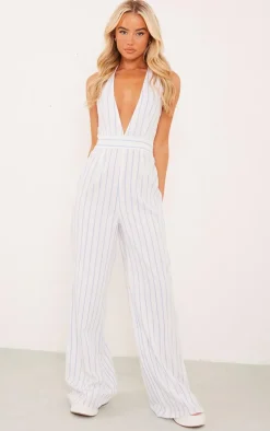 White Linen Look Pinstripe Plunge Halter Jumpsuit