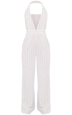 White Linen Look Pinstripe Plunge Halter Jumpsuit