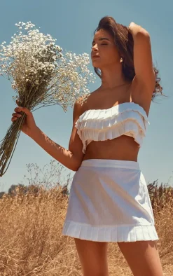 White Linen Look Pleated Bandeau Top