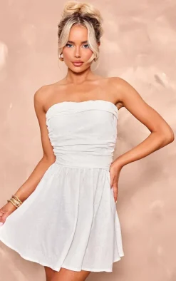 White Linen Look Pleated Shift Dress