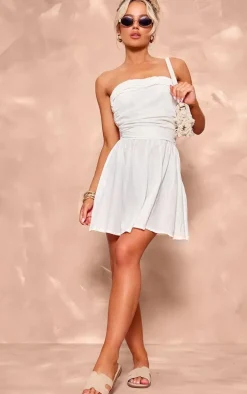 White Linen Look Pleated Shift Dress