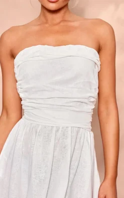 White Linen Look Pleated Shift Dress