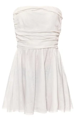 White Linen Look Pleated Shift Dress