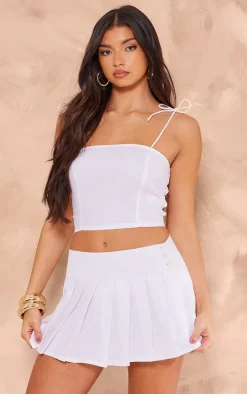 White Linen Look Straight Neck Long Cami Top