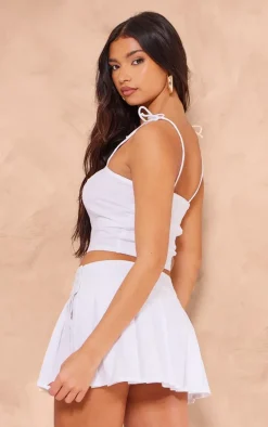 White Linen Look Straight Neck Long Cami Top