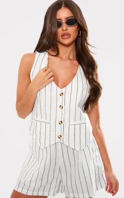 White Linen Look Striped Tailored Floaty Shorts