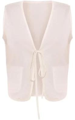 White Linen Look Tie Front Vest
