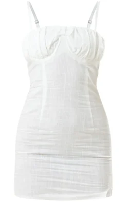 White Linen Look Underwired Bust Detail Strappy Bodycon Dress