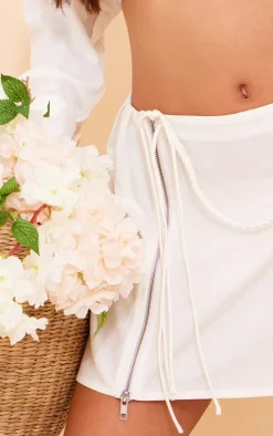 White Linen Look Zip Split Tie Mini Skirt