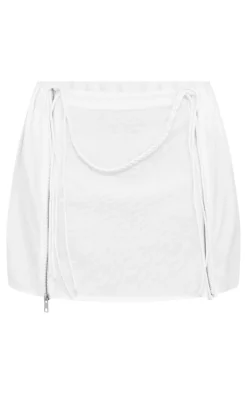 White Linen Look Zip Split Tie Mini Skirt