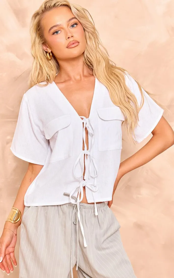White Linen Tie Front Pocket Detail Short Sleeve Shirt