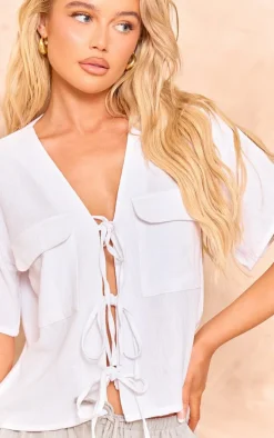 White Linen Tie Front Pocket Detail Short Sleeve Shirt