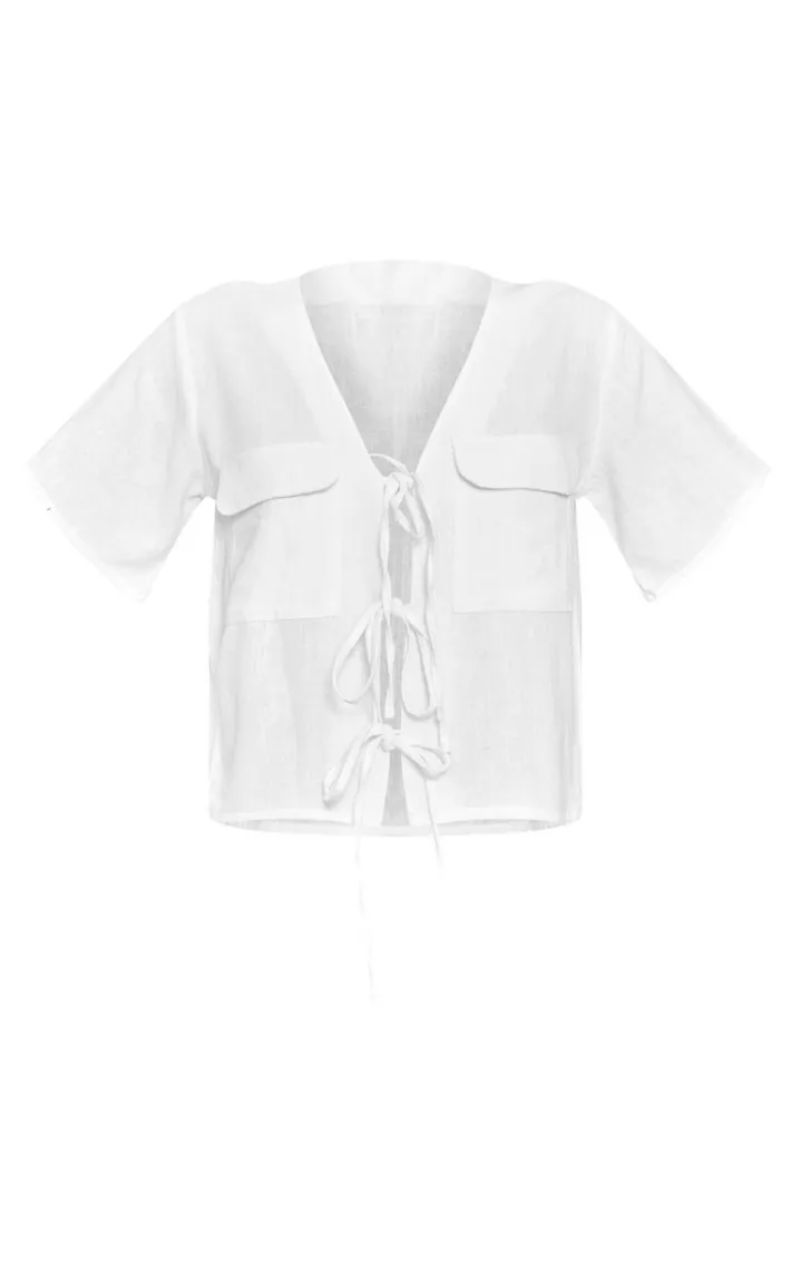 White Linen Tie Front Pocket Detail Short Sleeve Shirt