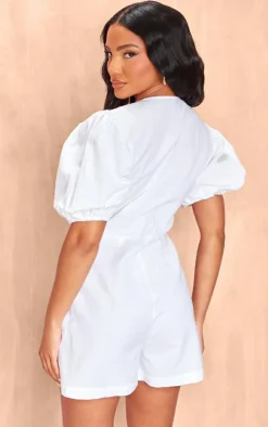 White Linen Tie Front Short Sleeve Romper