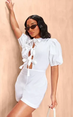 White Linen Tie Front Short Sleeve Romper