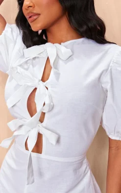 White Linen Tie Front Short Sleeve Romper