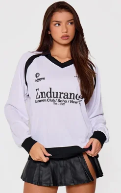 White Logo Contrast Piping Collared Long Sleeve Jersey