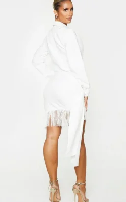 White Long Sleeve Tassel Hem Drape Detail Bodycon Dress